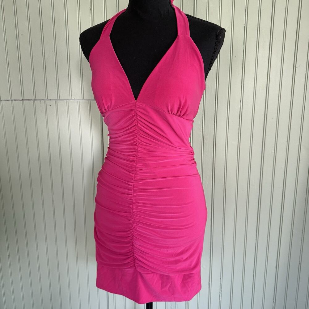 Vtg Y2K Halter Mini Dress Medium Hot Pink Ruched Bodycon Band Hem Club Stretchy
